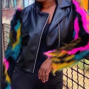 Multicolor Peacock Leather Fur Jacket